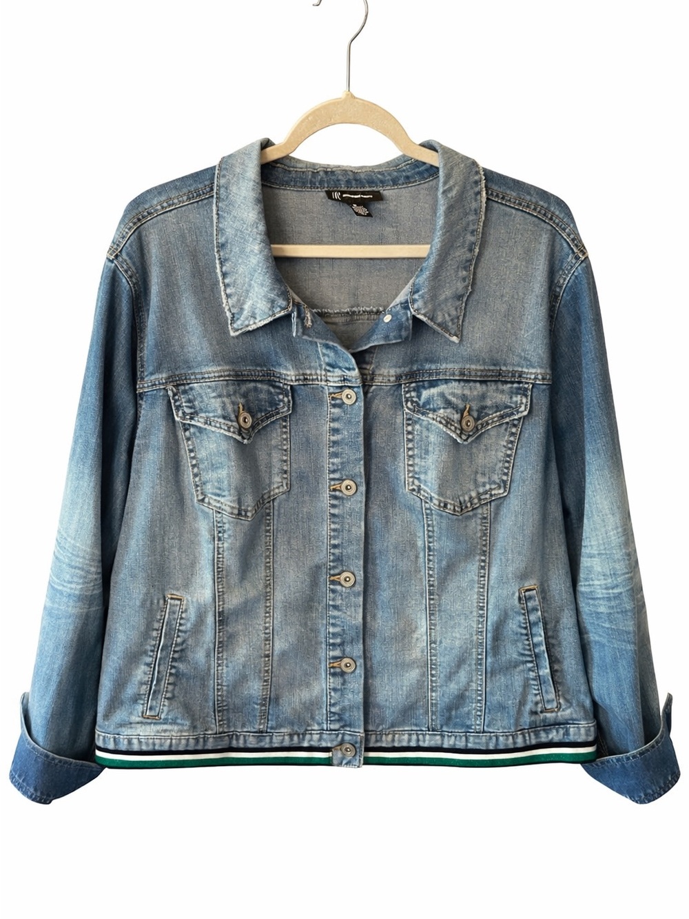 INC International Concepts Light Blue Denim Jacket with Green & Black Stripe Hem